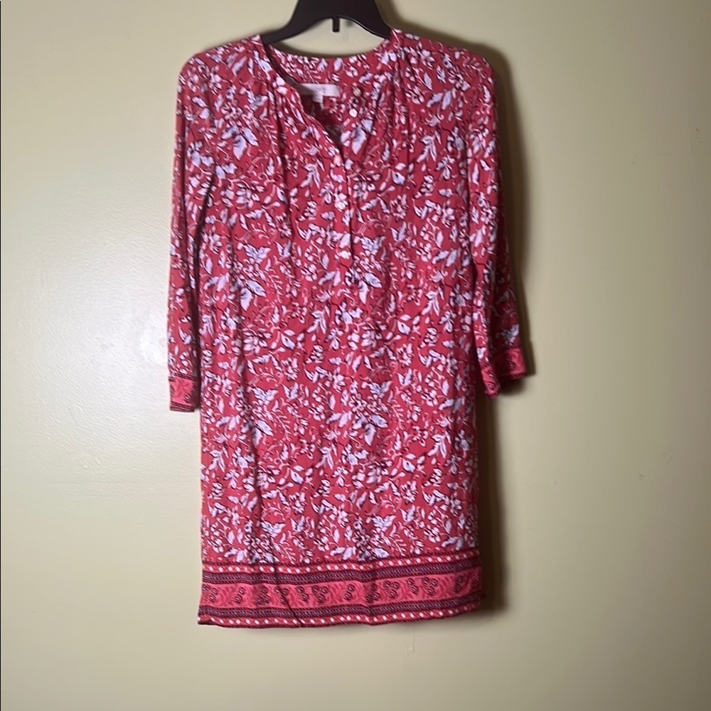 LOFT Red and White Tunic with Mandarin Collar,
Boho, mob wife, feminine.
